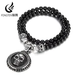 Fongten 50cm Long Rosary Beads Necklace For Men Punk Stainless Steel Skull Pendant Choker Black Color Agate Beads Male Jewelry