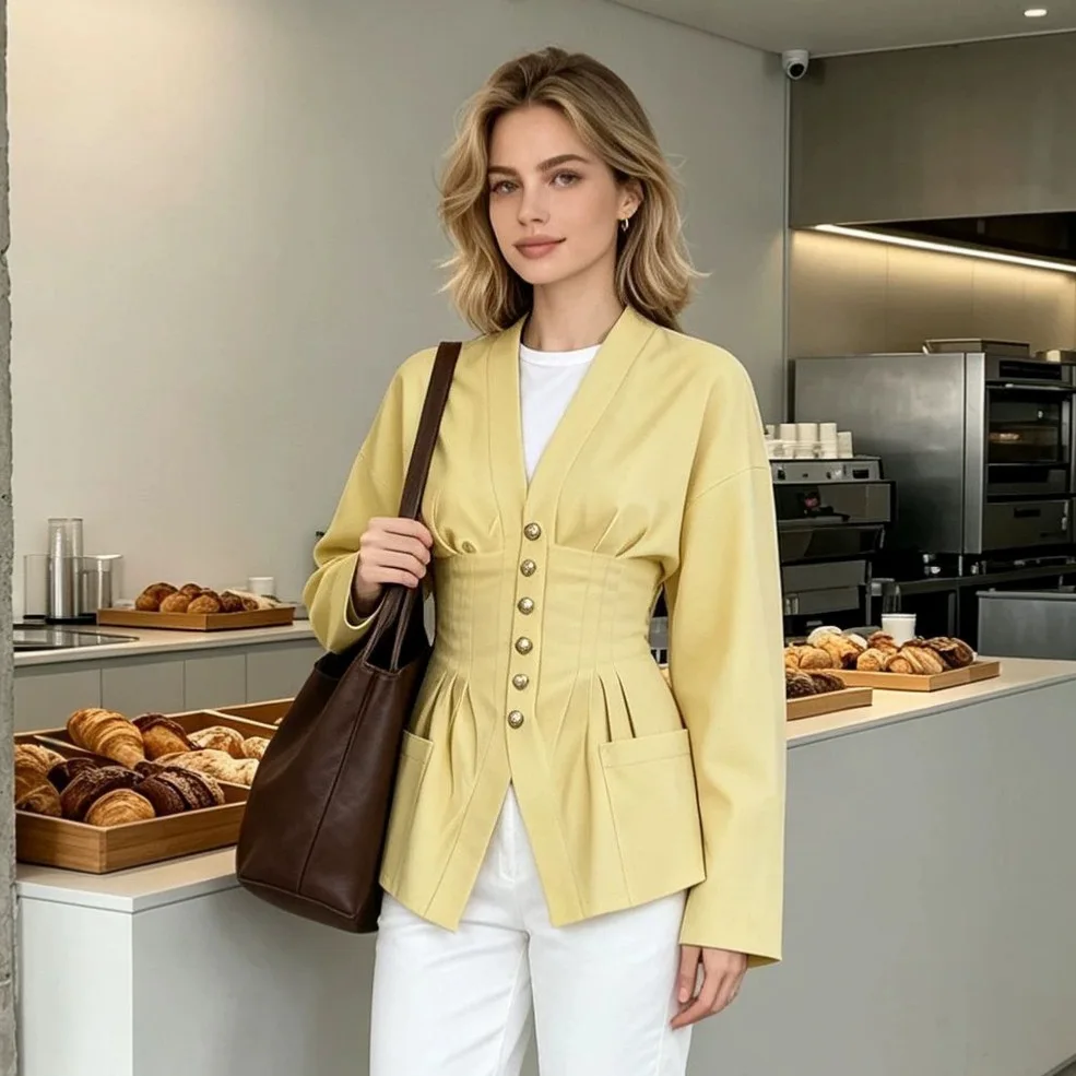 Spring Autumn Ladies Long Sleeve Shirt Vintage V-Neck Long Sleeve Blouse Women Slim Fit Single-Breasted Brown Shirt