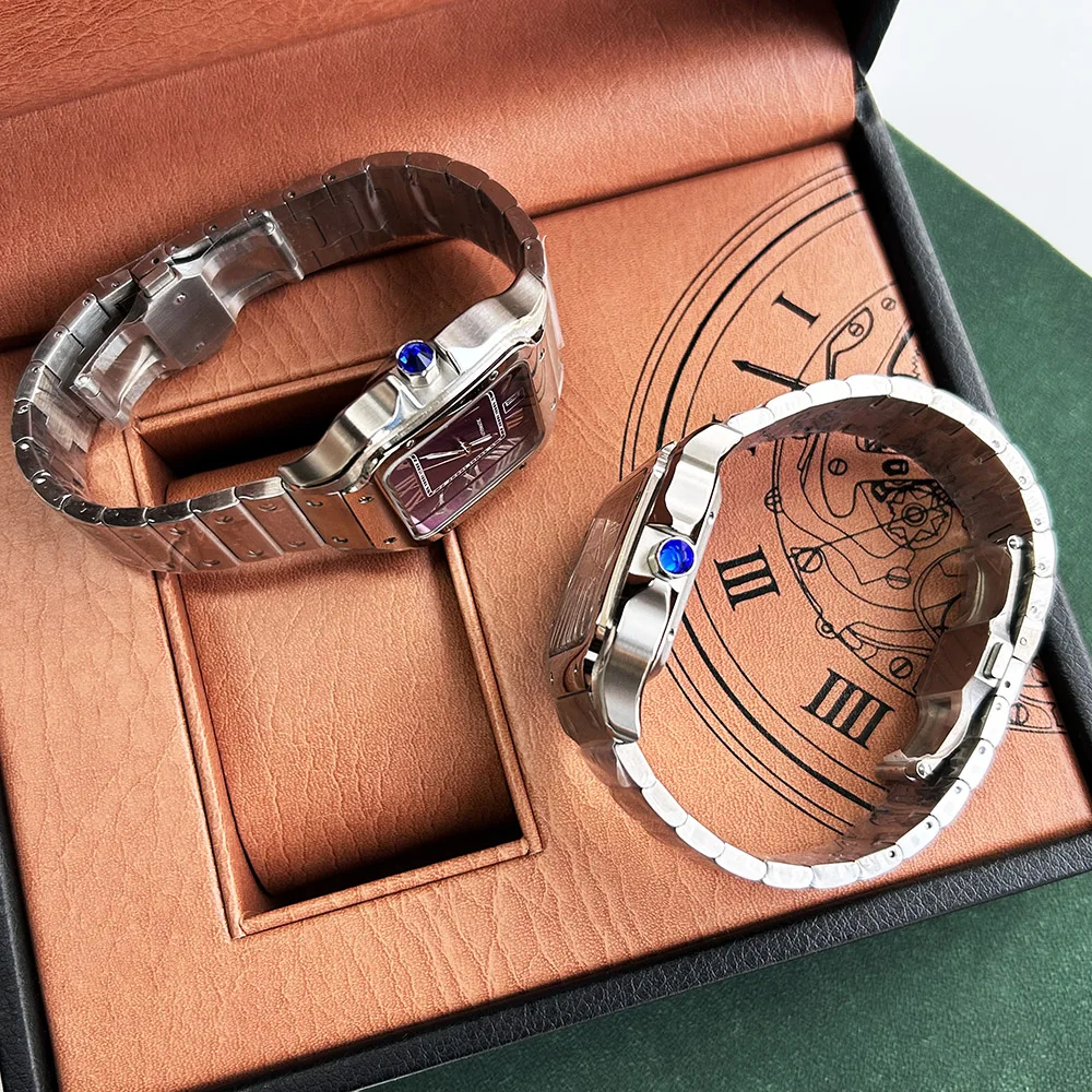 NH35 Watch man's watch square dial Red wine color Folding Buckle Square Case fit NH35 6 o' clock movement view 5