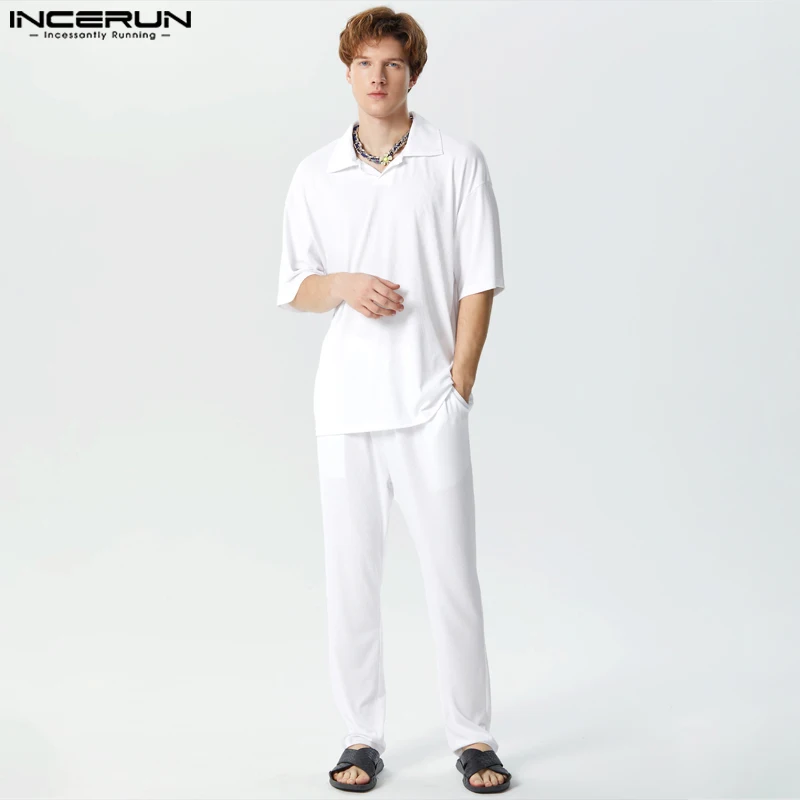 

INCERUN 2024 American Style Sets New Men Short Sleeved Shirts Long Pants Male Knitted Casual Street Striped Two-piece Sets S-5XL