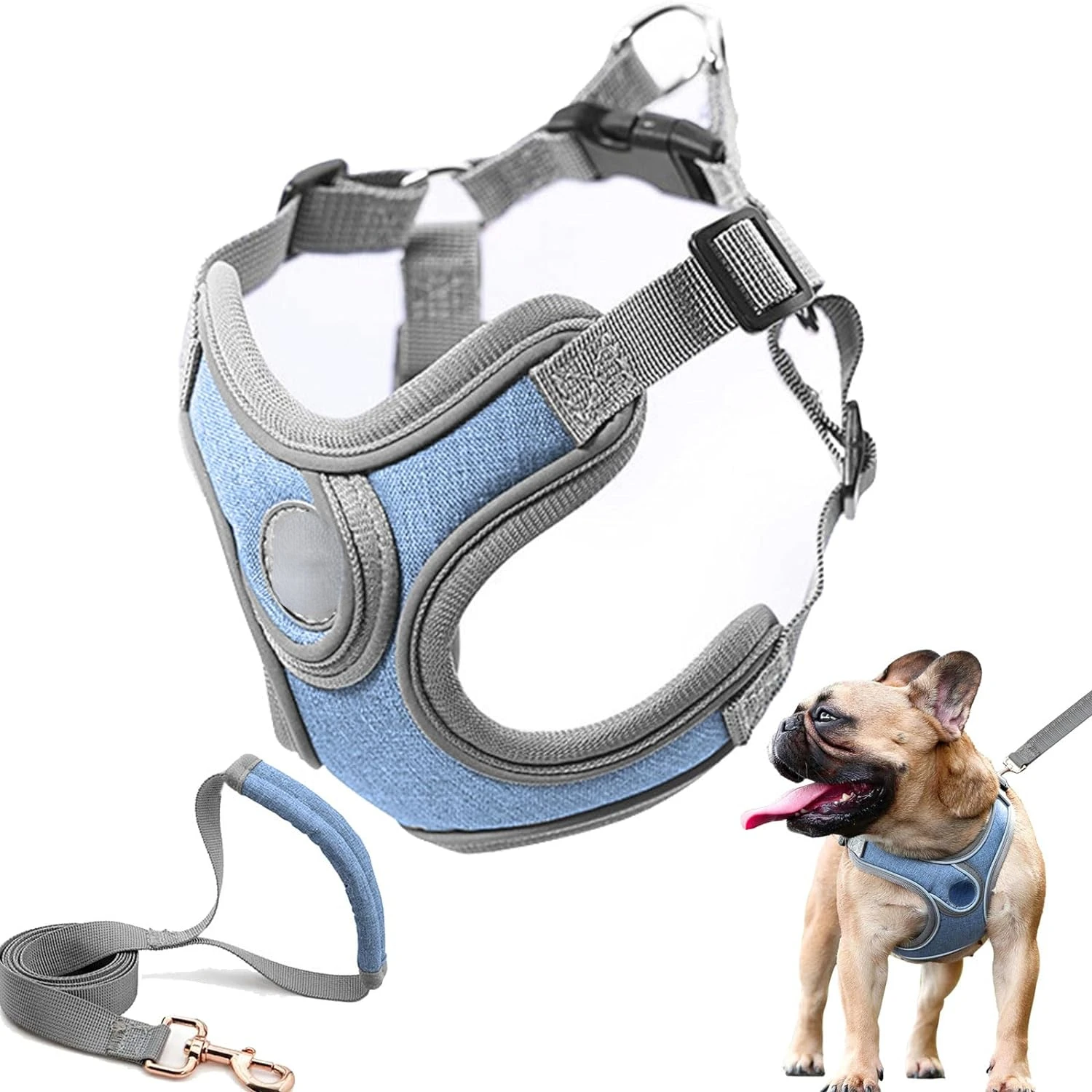 Adjustable, Comfortable No Pull Dog Harness and Leash Set - Ideal for Small to Medium Dogs - Step-in Frenchie Harness Vest - Gre