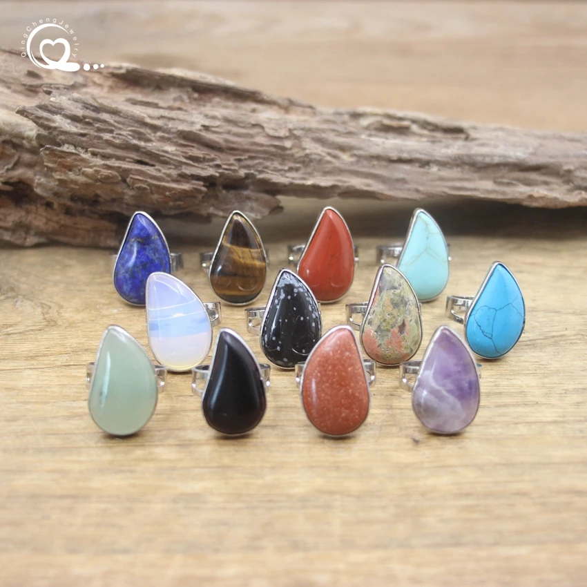 

Drop Cabochon Natural Stone Ring Obsidian Unakite Lapis Turquoises Amethysts Resizable Finger Rings Women Fashion Jewelry,QC4124