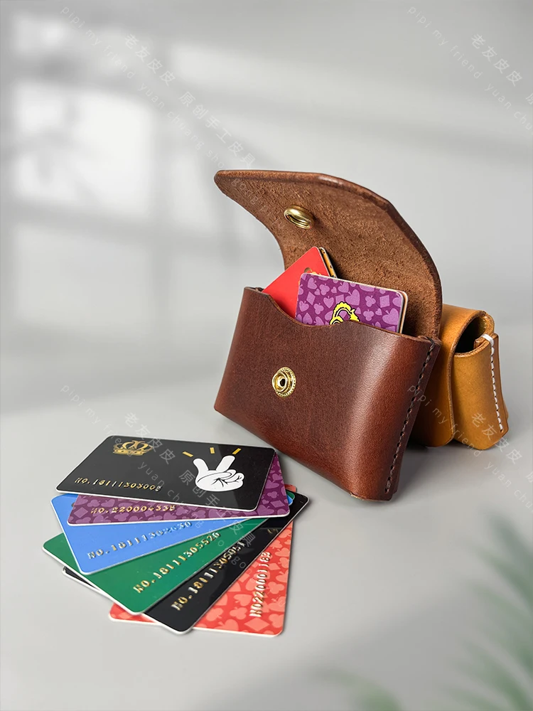 First Layer Cowhide Multi-Functional Card Clamp Men's Simple Retro Vegetable Tanning Leather Storage Bag for Women