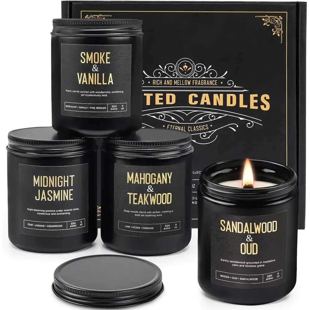 

Soothing 4-Pack 36oz Soy Aromatherapy Candles for Men, Long-Burning Scents, Ideal Gift for Birthdays and Valentine's Day