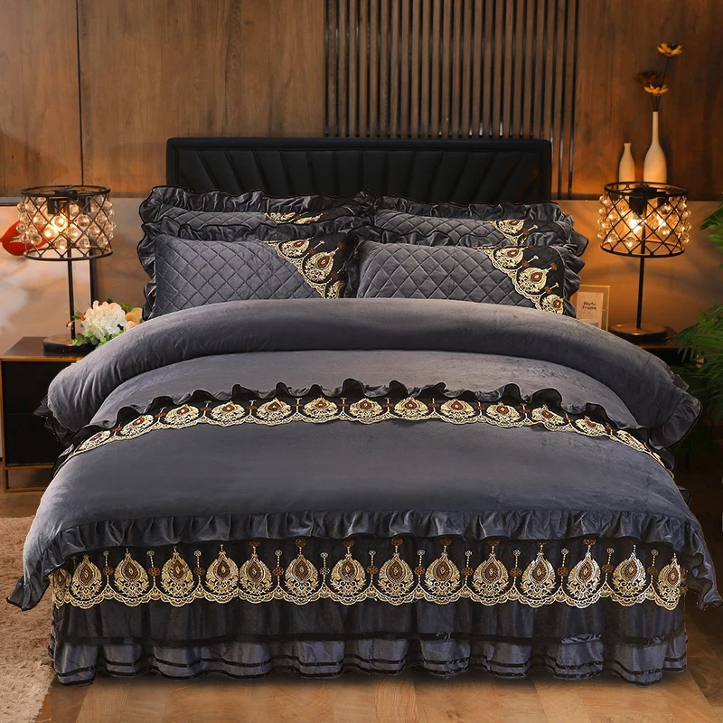 

Lace Velvet Bedding Set Queen King Size Duvet Cover Quilted Embroidered Bed Skirt Solid Color with 2 Pillowcases Soft Warm