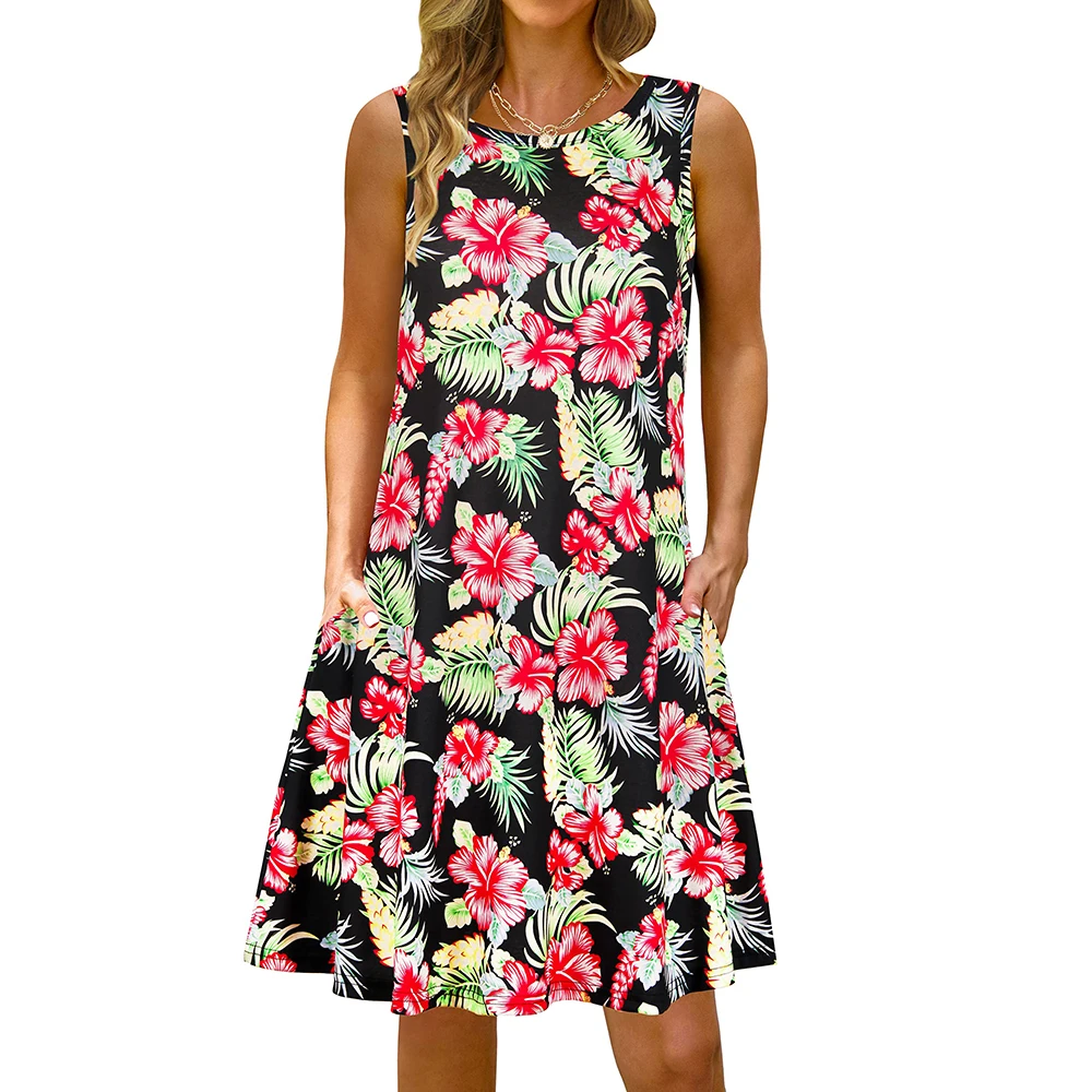 Women's Summer Round-Neck Floral Tank Dress with Pockets Casual and Stylish Dress for Outdoor Activities Travel and Parties