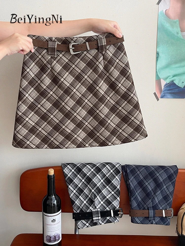 

Beiyingni корейские клетчатые винтажные мини-юбки для женщин, французская шерстяная юбка трапециевидной формы, женская зимняя облегающая юбка с поясом и высокой талией Faldas