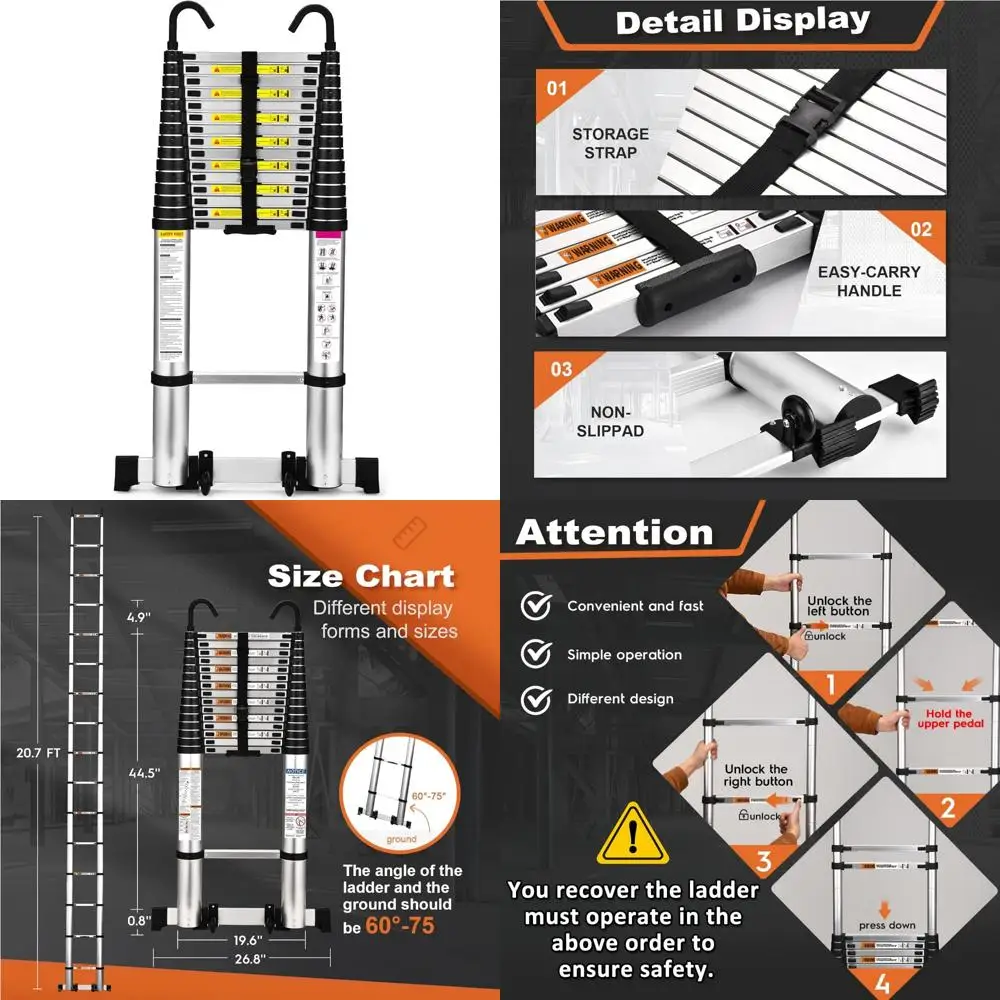 

Легкая алюминиевая телескопическая удлинительная лестница размером 20,3 фута, емкостью 330 фунтов, с колесами и стабилизатором для тяжелого использования.
