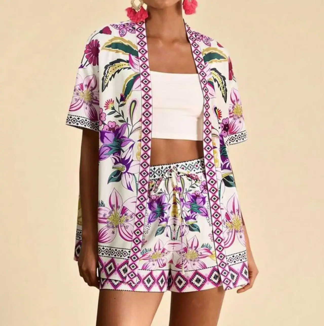 

Casual Loose Printed Shirt Shorts Two-piece Sets Women Summer Boho Short Sleeve Shirts And Lace Up Shorts Outfirs