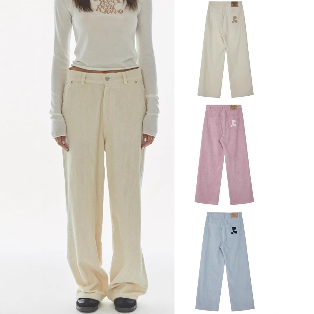 

Rest and Recreation Womens Corduroy Pants with Embroidery, Loose Straight-Leg Casual Trousers