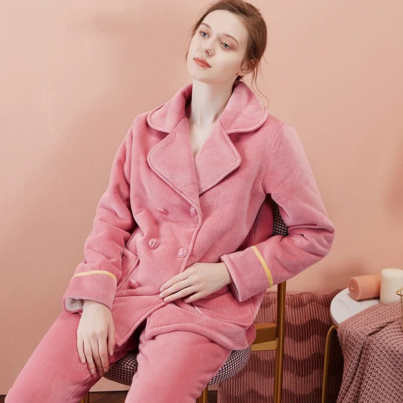 

Осень-зима, женские теплые утепленные пижамные комплекты, женская бархатная одежда для сна, женский костюм с длинным рукавом и отложным воротником, домашняя одежда