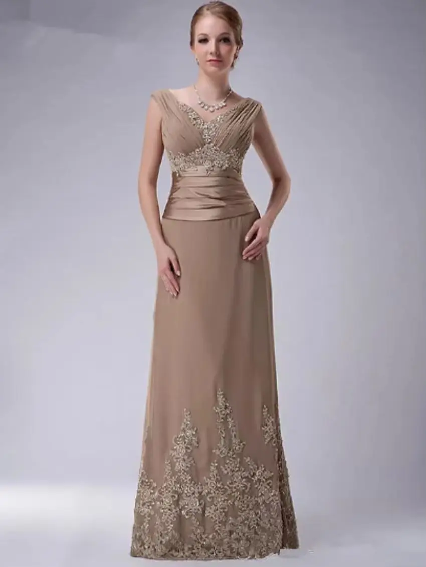 

V-Neck A-Line Sleeveless Lace Applique Beads Formal Wedding Party Evening Prom Gowns Vintage Khaki Mother of the Bride Dresses