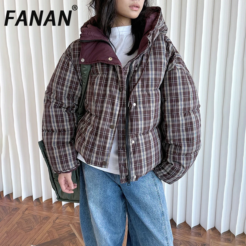 

FANAN Vintage Plaid Contrast Color Cotton Coats For Women Hooded Thick Warm Jackets Korean Style Outwear Fashion 2025 Winter New