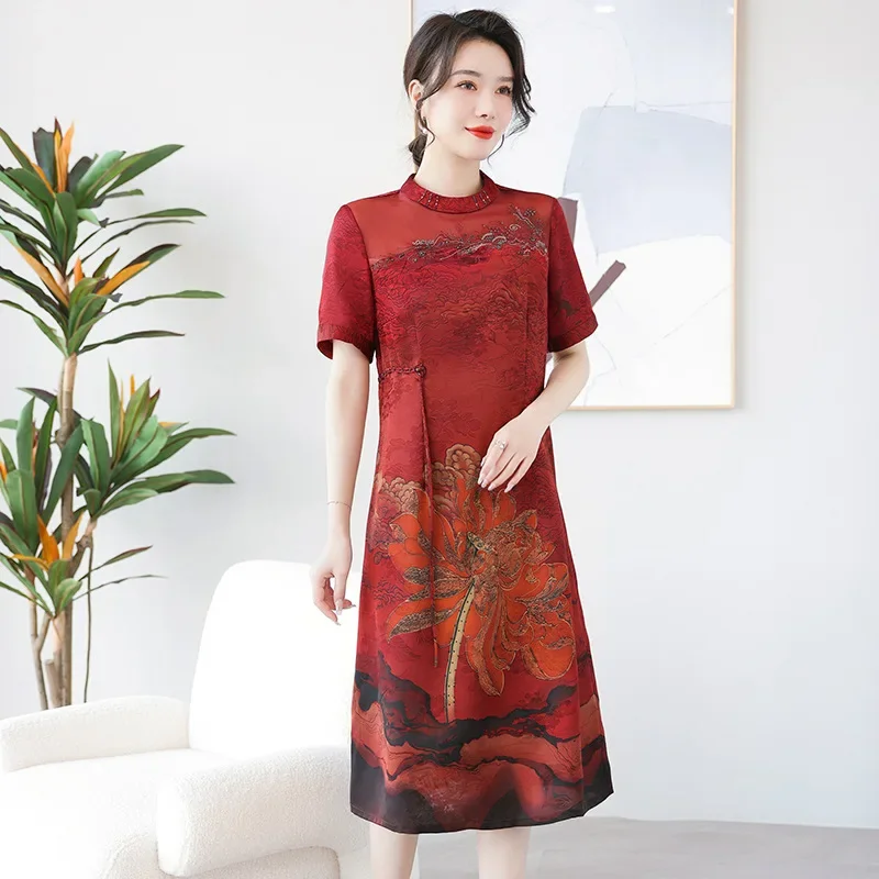 Middle-Aged Mom Spring and Summer Costume Dress Wedding Suit Cheongsam plus-Sized plus Size New Cheongsam