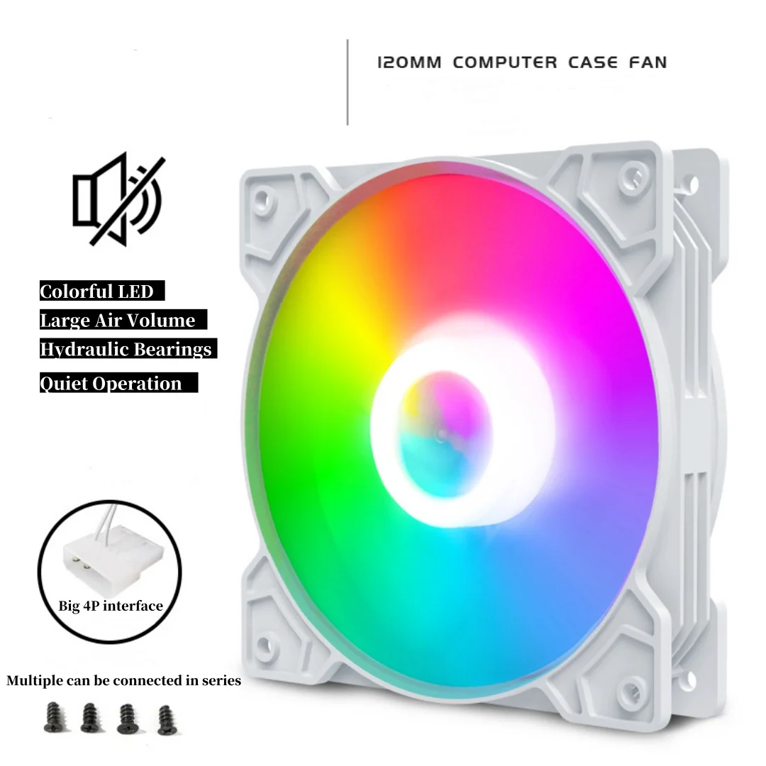 12CM LED Case Fan for PC, Ultra-Quiet Cooling Fan with 4-Pin Connector, Colorful Rainbow Lighting, Desktop Computer Cooling Fan