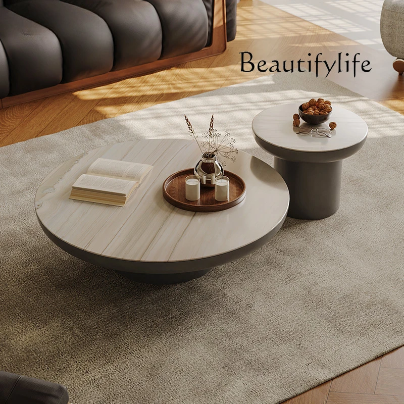 

French Cream Style White Golden Sand Marble Tea Table Side Several round Minimalist Living Room Home