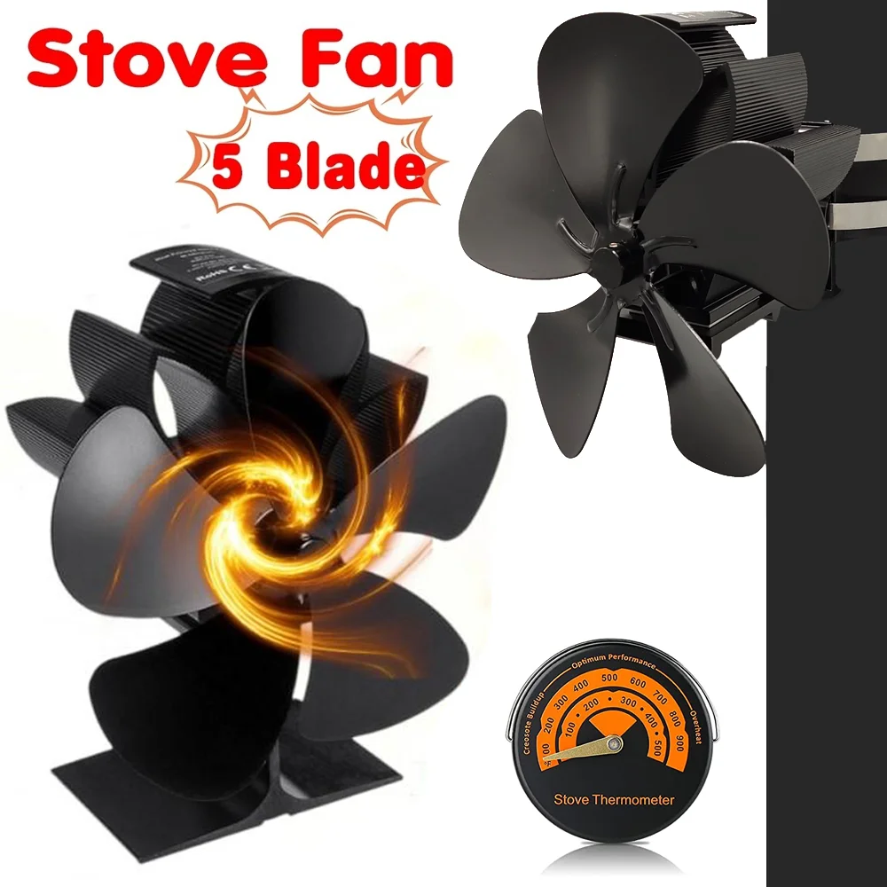 

5 Blades Fireplace Fan Heat Powered Quiet Safe Burning Stove Fan Efficient Heat Distribution for Firewood Log Wood +Thermometer