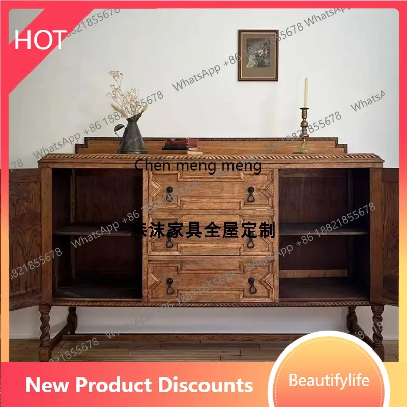 

A38 French antique solid wood dining side cabinet American retro villa living room against the wall storage locker