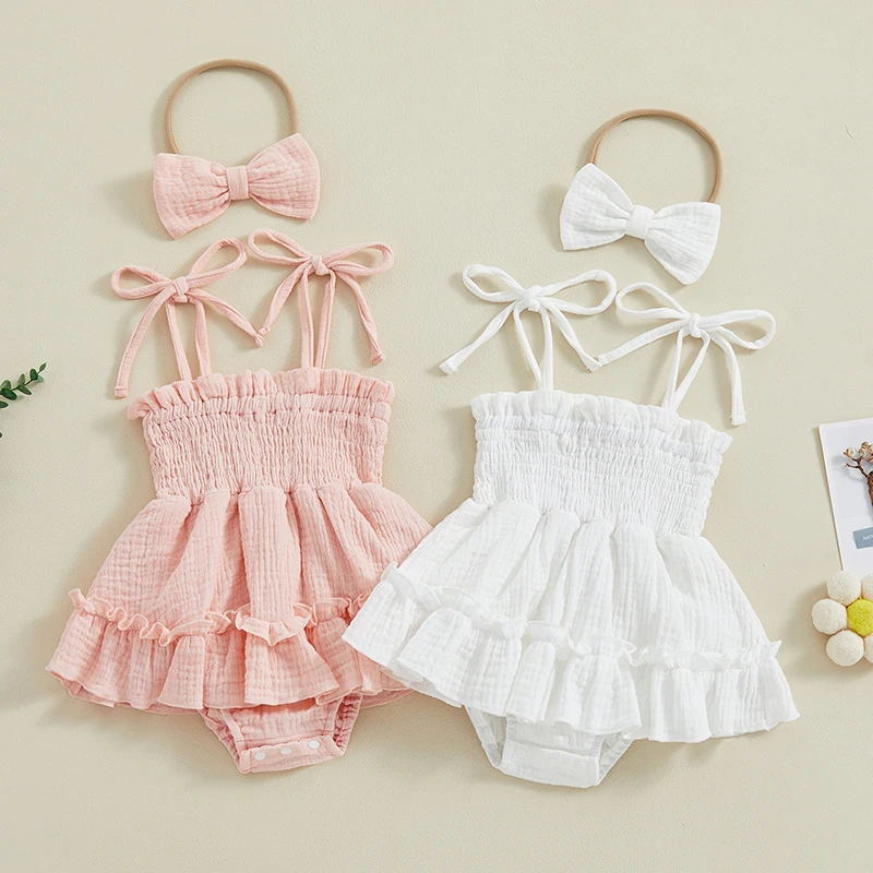 Lioraitiin Newborn Baby Girls Romper Dress Summer Clothes Sleeveless Solid Color Tie Up Spaghetti Strap Jumpsuit With Headband