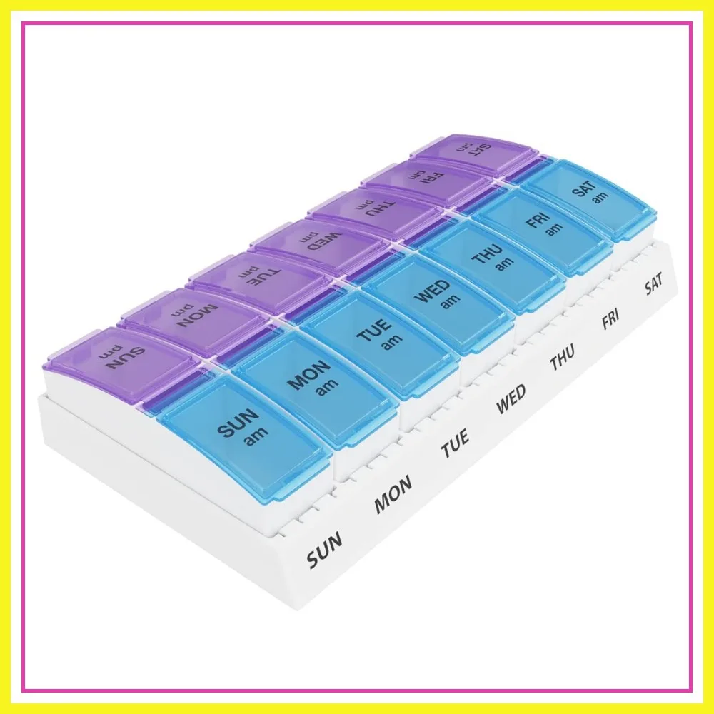 

Weekly AM/PM Pill Organizer, 7-Day Vitamin Container, 2 Times a Day, Blue & Purple Lids