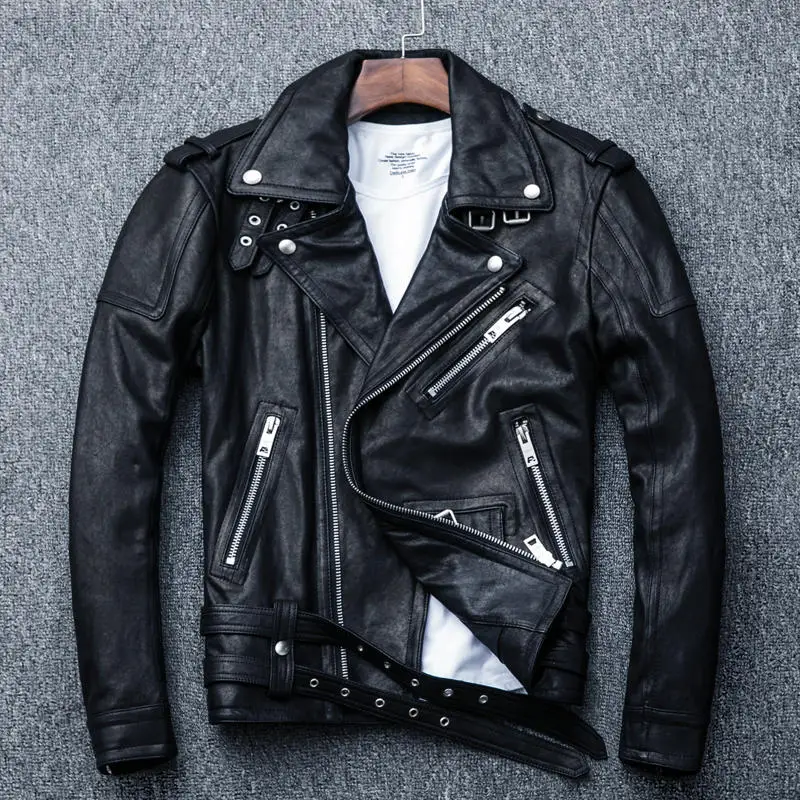 

Black Autumn Leather Jacket Men Punk Style Plus Size 4XL Genuine Natural Sheepskin Turn-Down Collar Diagonal Zipper Leather Coat
