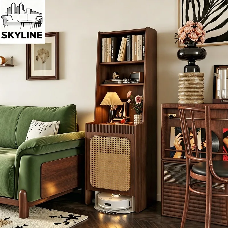 Rattan floor-standing bookshelf, robot vacuum cleaner, base station storage cabinet, sofa side table, storage rack, bookshelf