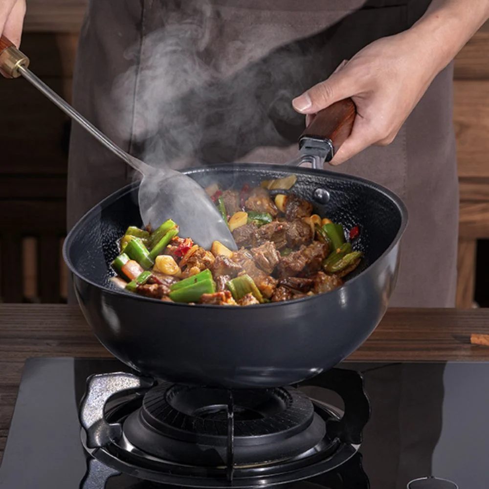 

Refined Iron Square Frying Pan Wood Handle Flat Bottomed Stir Fry Pot No Coating with Visible Cover Cooking Pot Restaurant