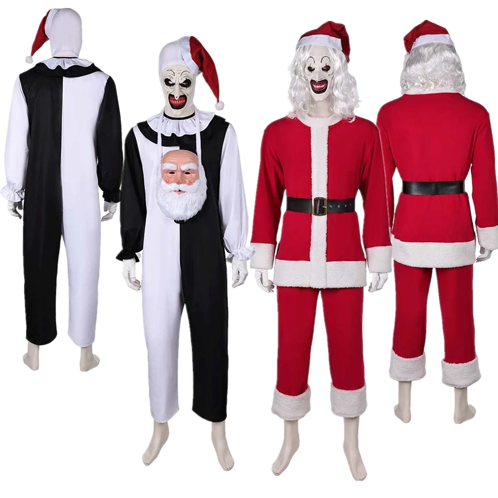 Men Art the Clown Cosplay Fantasia Terrifier 3 Disguise Santa Claus Costume Mask Outfits Adult Halloween Carnival Party Suit