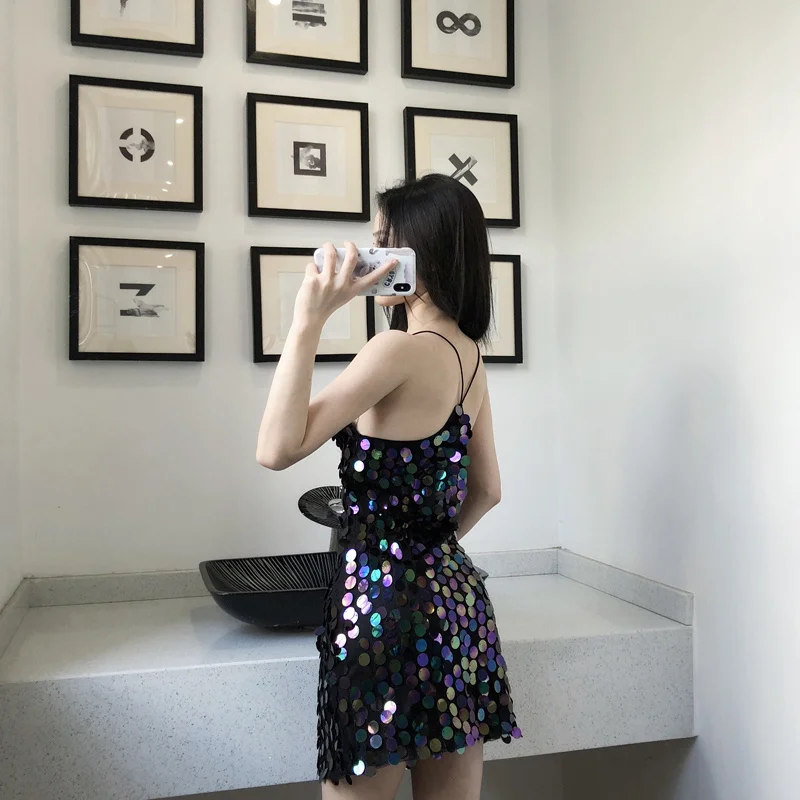 الكورية نمط المرأة بريق ملهى ليلي الزي مثير مطرزة عبر الظهر عارية الذراعين بروتيل فستان عصري مطرزة فستان قصير قصير #6