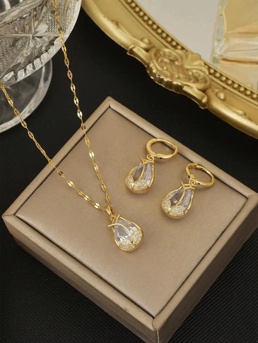 

Stainless Steel Cubic Zirconia Tulip Necklace And Earrings Set For Women