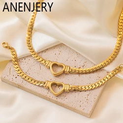 ANENJERY 316L Stainless Steel Hollow Heart Thick Necklace Bracelet For Women Snake Bone Chain Ins Fashion Jewelry Set Gifts