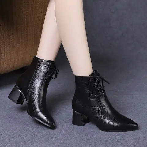 Women's 2026 New Large Size Solid Color High Quality Elegant High Heel Ankle Boots Spring Autumn Lace Design Party Short Boots