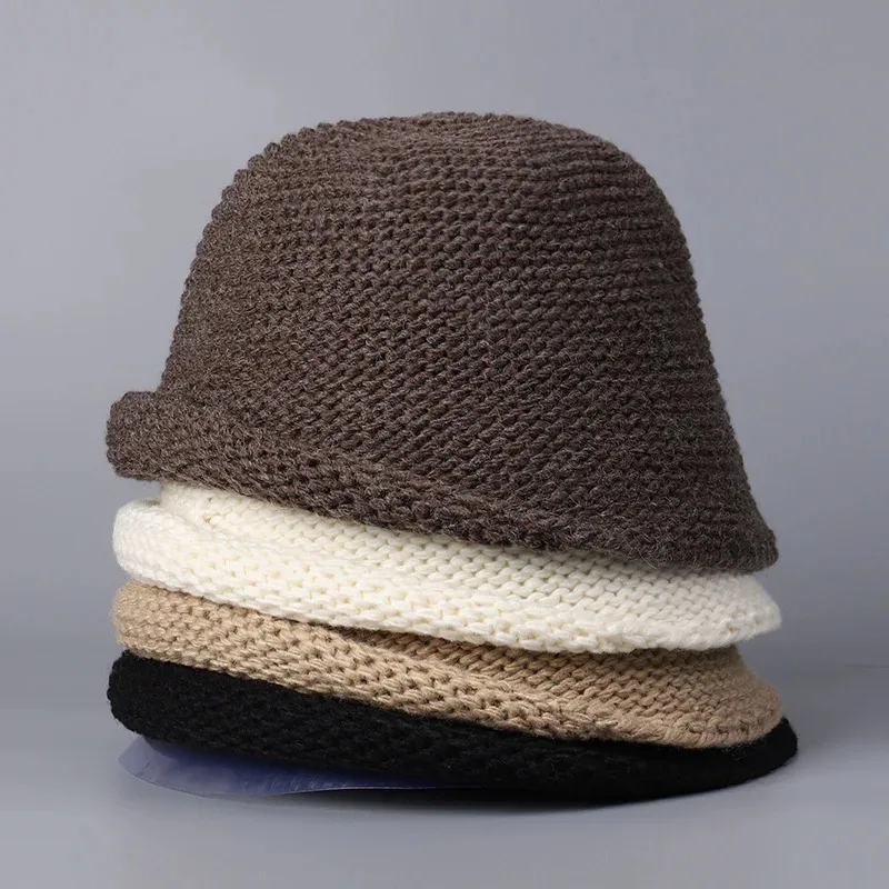 

Japanese Style Rolled Edge Woolen Knitting Bucket Hat for Women Warm Winter Foldable Knitted Wool Blend Basin Hat