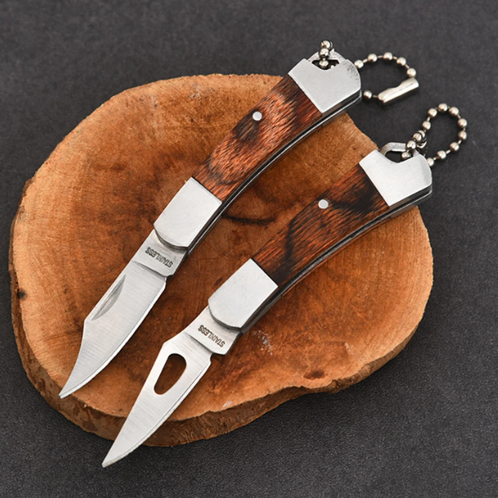 Portable Wooden Handle Stainless Steel Shaped Knife Camping Outdoor Survival Tools Self-defense Folding Pocket Knife Mini Knife