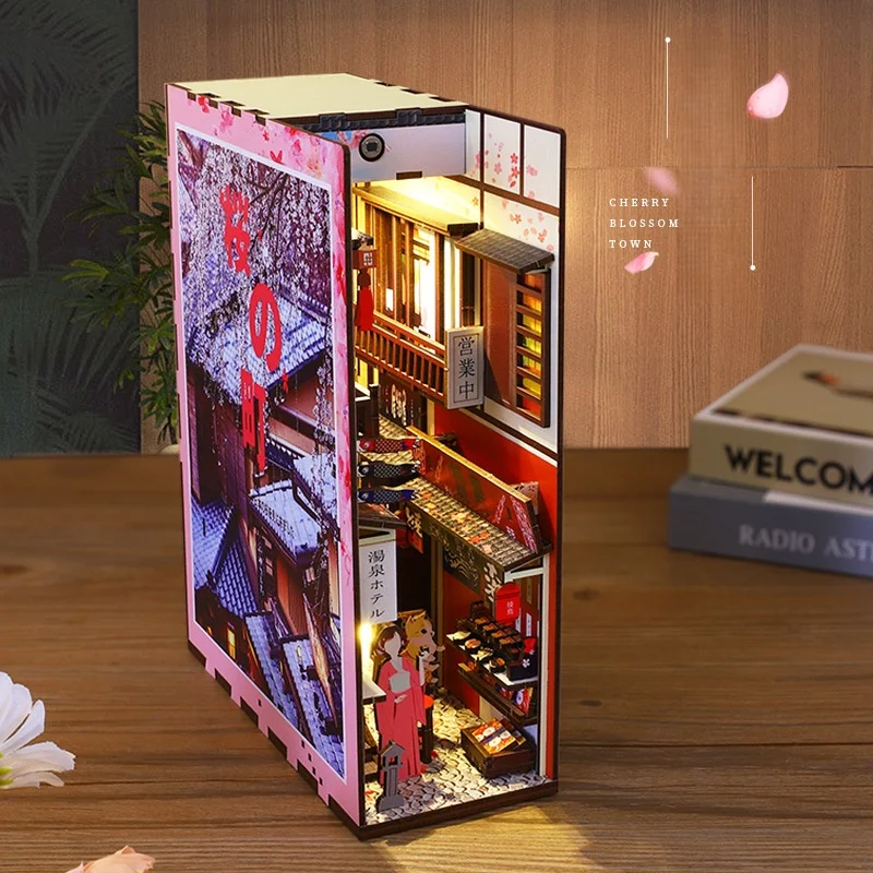 OUZEYZ Cherry Blossom Book Nook DIY، مدينة خشبية مصغرة ثلاثية الأبعاد، نموذج على الطراز الياباني للمراهقين #2