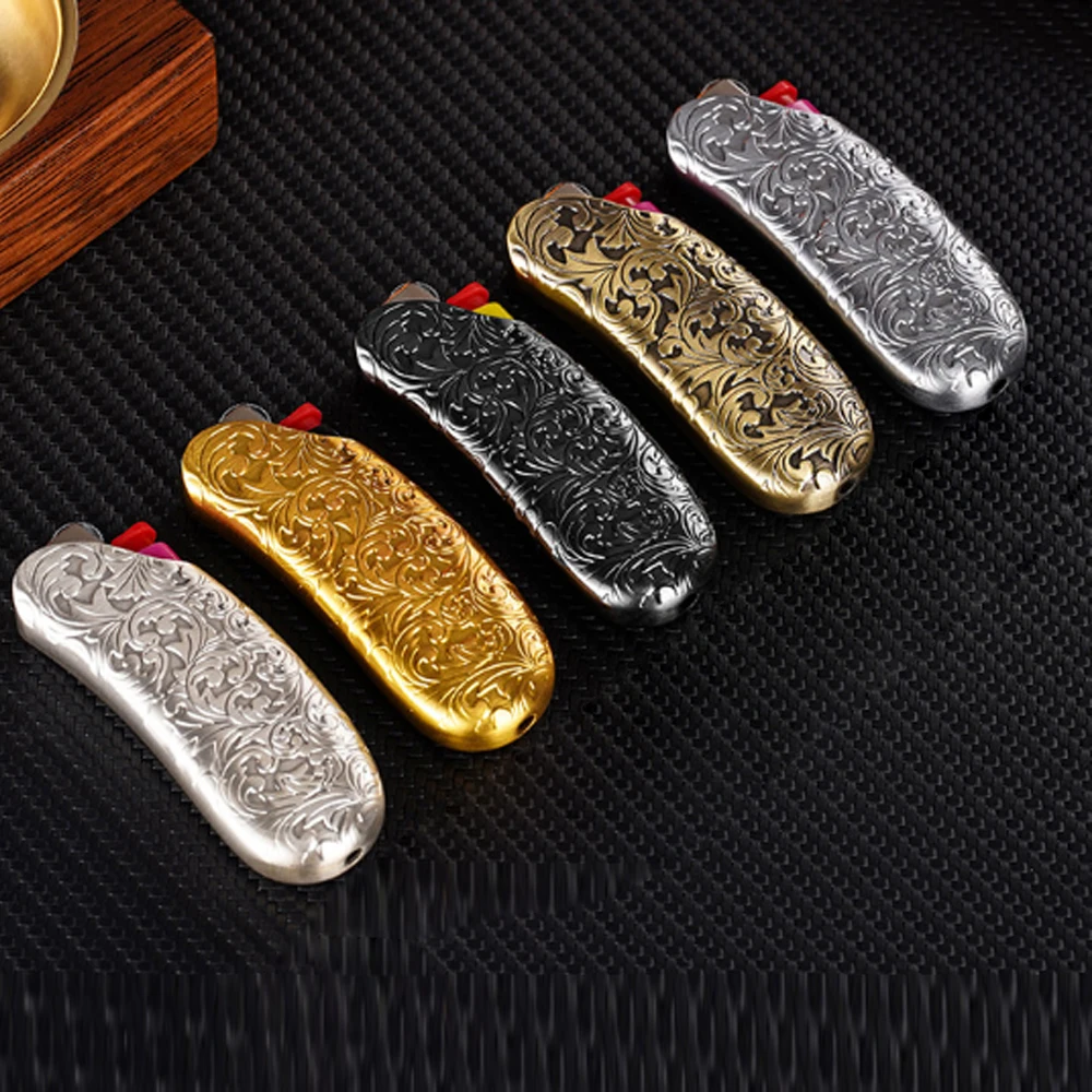 Banana Shaped Metal Case For BIC Lighter Mini J5 Golden Pattern Gas Lighters Decorative Shell