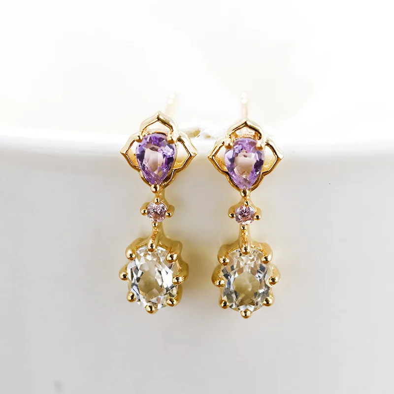 LAMOON Romantic Purple Natural Amethyst Topaz Stud Earrings For Women 925 Sterling Silver Light Gold Color Fine Jewelry Gift