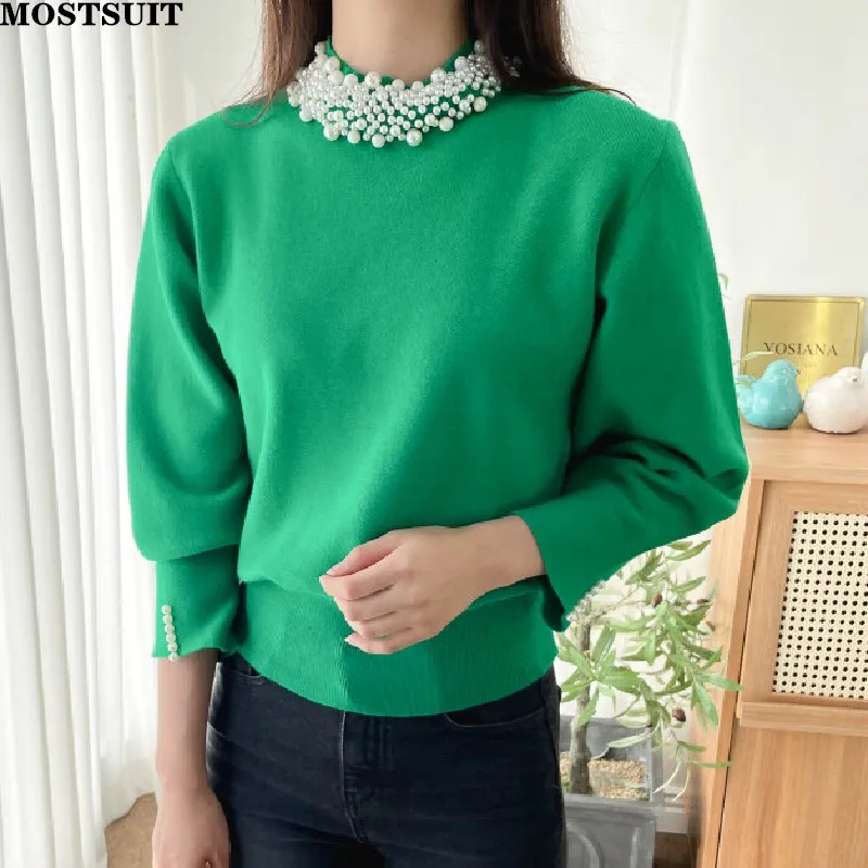 

Korean Pearl Beading Knit Sweater Pullover Women 2022 Autumn Winter Mock Neck Fashion Solid Loose Vintage Ladies Tops Jumper