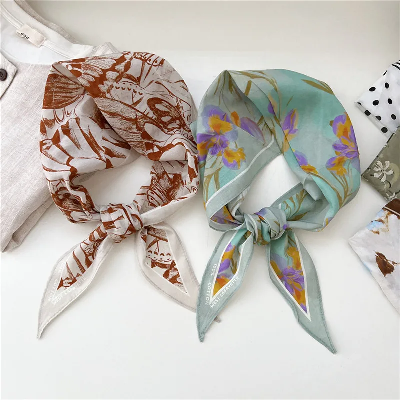 Print Geometric Flower Rhombus Scarves Neck Ornament Wrap Scarf Neckerchief Ribbon Hair Band Headscarf Turban Bandanas for Women