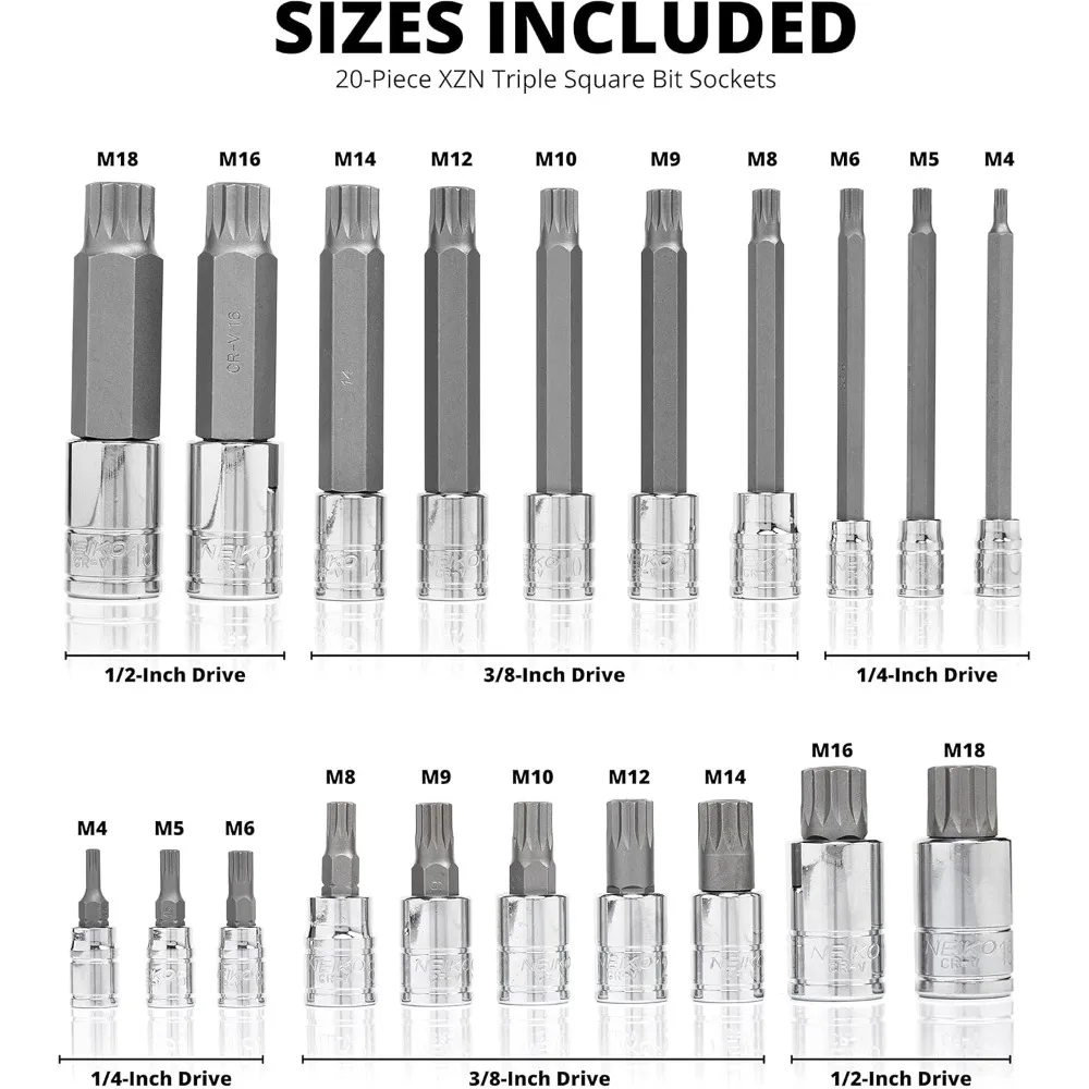 Juego de 20 piezas de casquillos extra largos de 4 estriados, 4 mm a 18 mm, puntas de accionamiento cuadradas a prueba de manipulaciones de 12 puntos