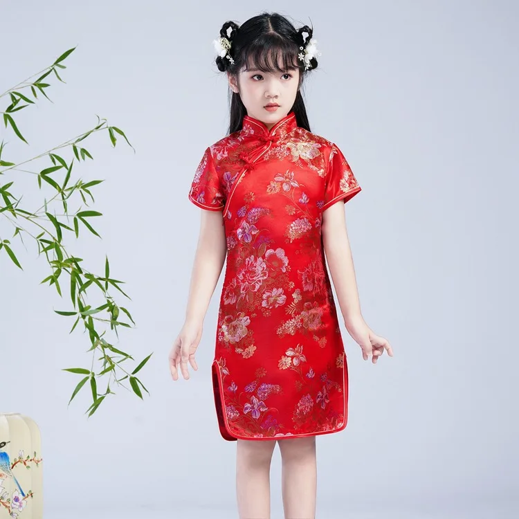 Chinese Style Brocade Cheongsam Dress for Girls Summer Retro Button Stand Collar Stage Performance