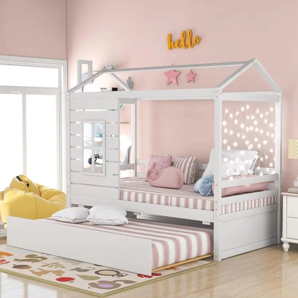 Cama de casa de tamanho duplo com rodízio de tamanho duplo, molduras de cama de madeira com janela e telhado para crianças, meninas e meninos, branco