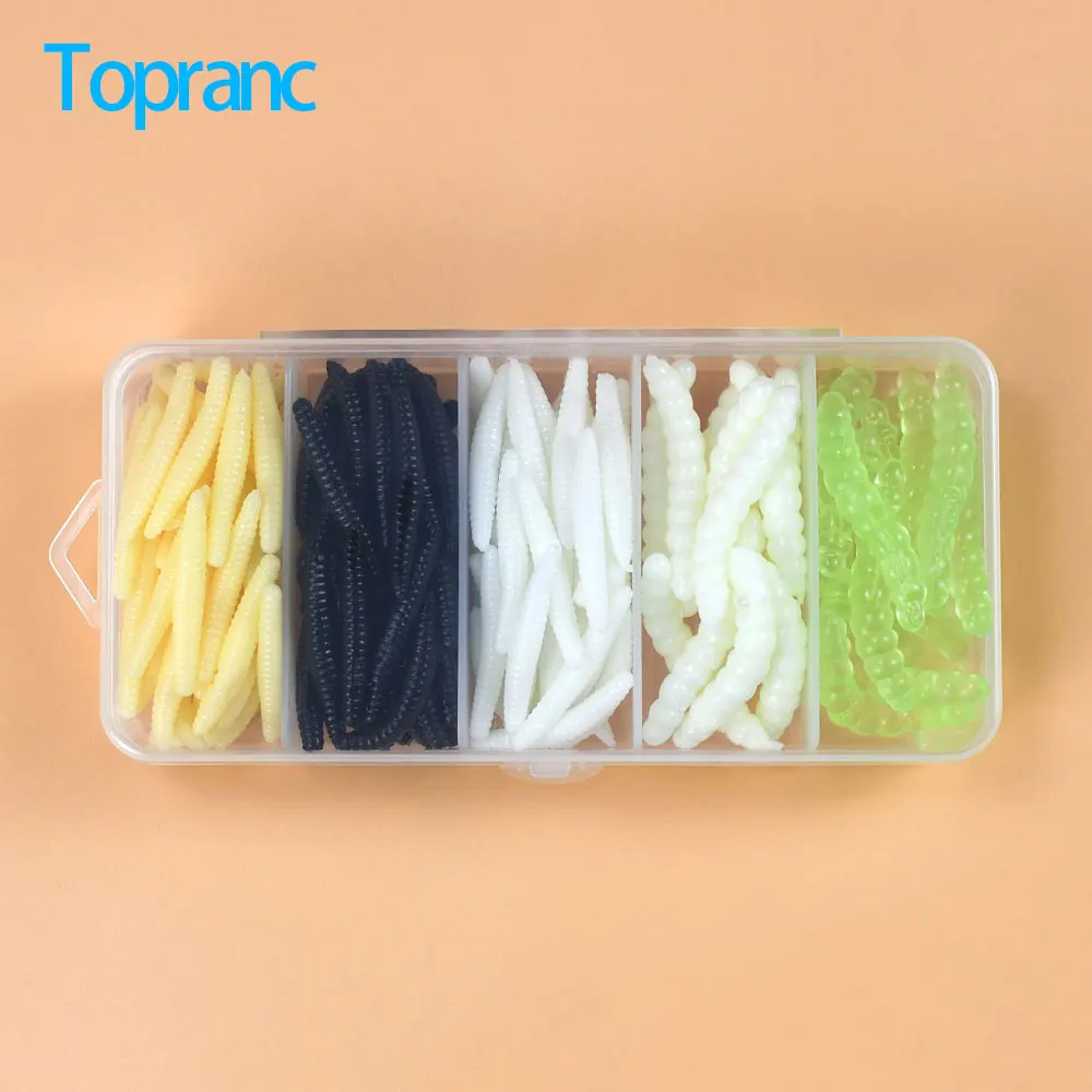 Topranc Multi Colored Segmented Biomimetic Maggot Soft Lures Set Grid Storage Box Freshwater Soft Worm Bass Perch Fishing Tackle