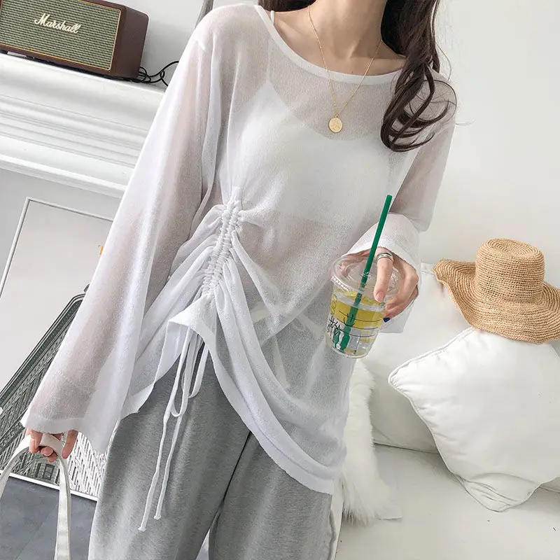 

Summer New Ice Silk Thin Bandage Tops Tees O Neck Solid Loose Perspective Pullovers Simplicity Fashion Casual Clothes for Women