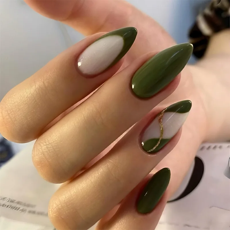 

24Pcs Mid-length Almond French Press on Nails Green Edge Golden Shiny Powder Line Fake Nail Wearable Full Cover False Nails Tips