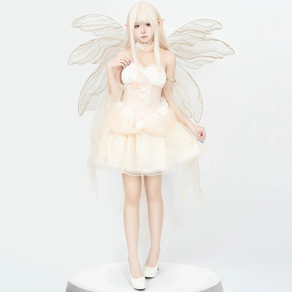 

Women's Elegant Pearl Mesh Lace Bow Princess Evening Dresse Cute Lolita Kawaii Flower Wedding Short Gown Modern Dance Costume