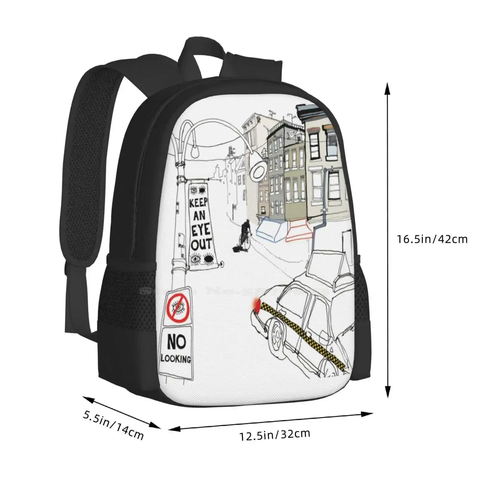 Keep An Eye Out Pattern Design Bag Student'S Backpack New York Taxi Bike Crash Eye