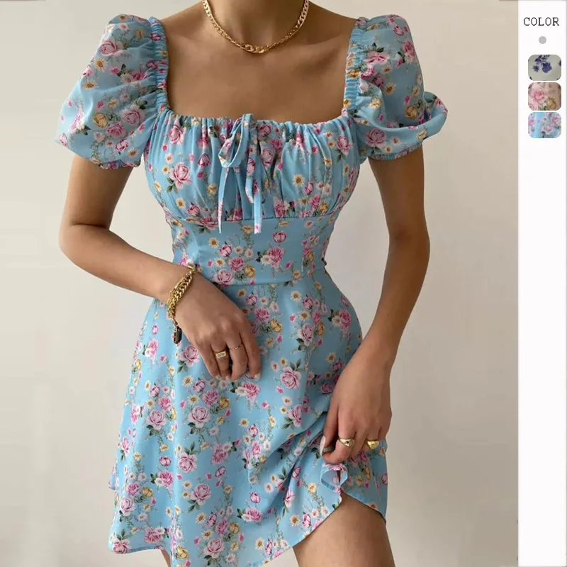 Women's Floral Dopamine Dress, Puffed Sleeves, Summer Wear