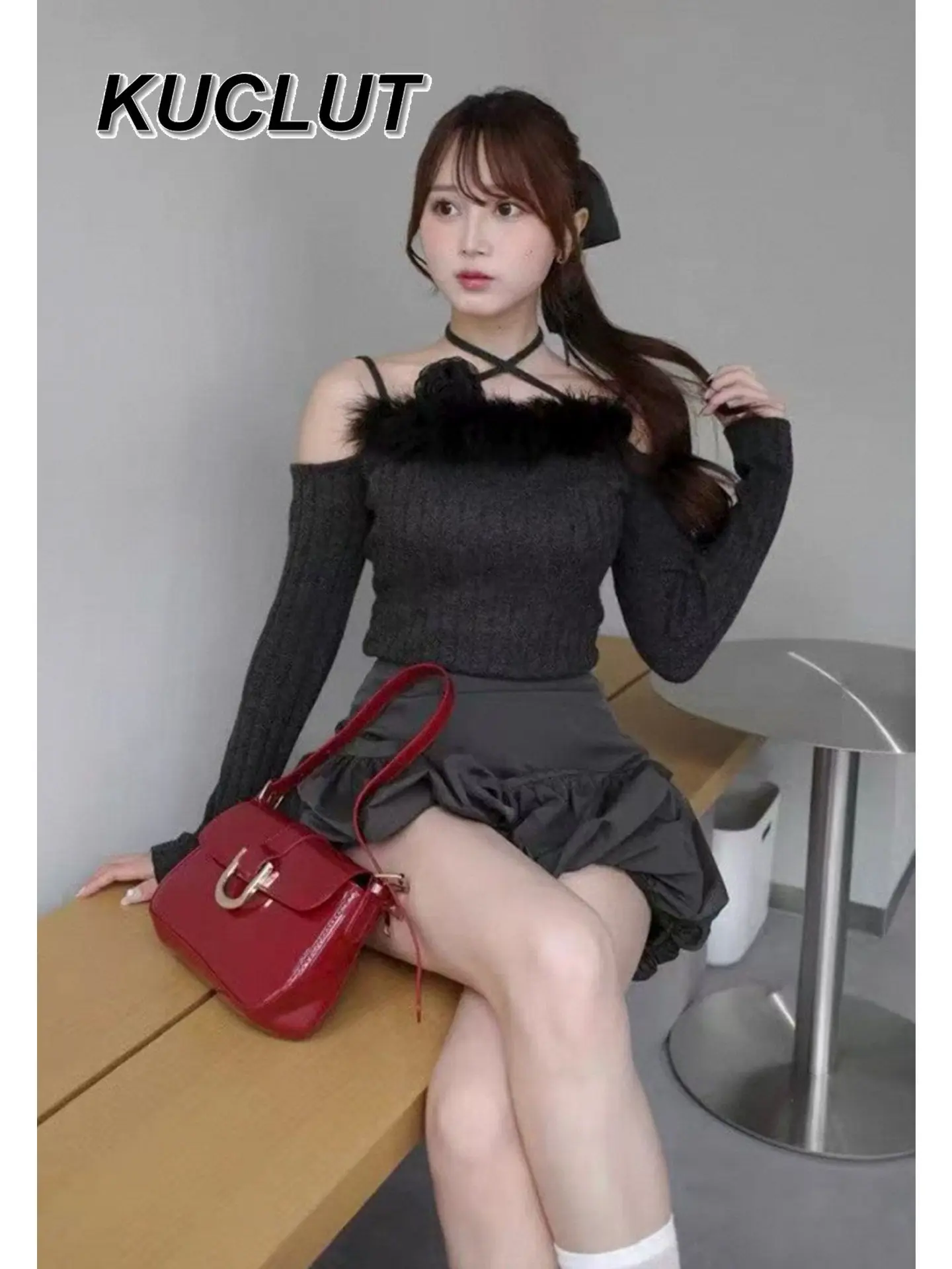 

Japanese Style Women's Knitted Shirt Halter Neck Off-Shoulder Patchwork Long Sleeve Pullover Sweater Top for Women Autumn