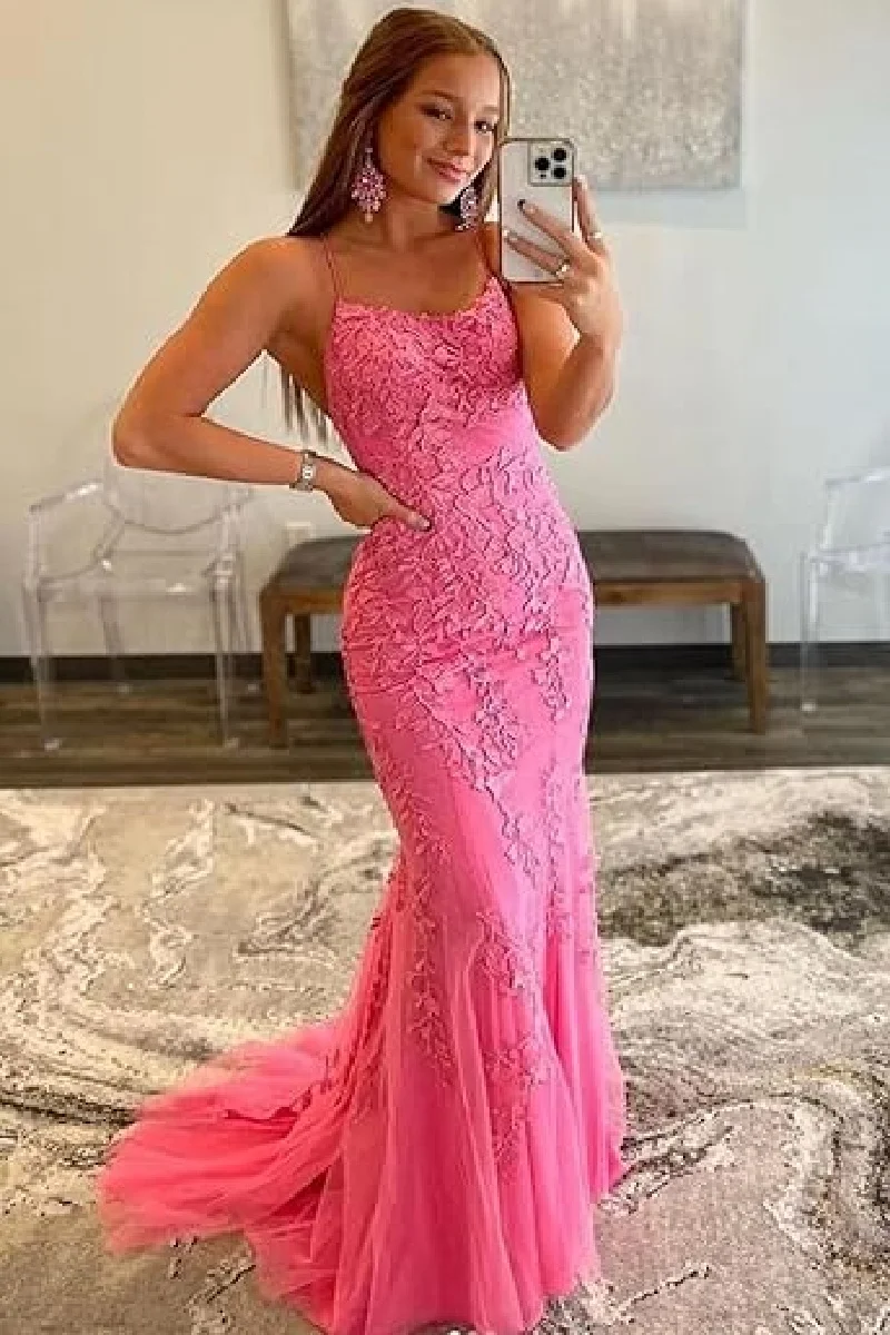 

Women's Long Lace Prom Dresses Mermaid Spaghetti Straps Backless Formal Evening Gowns